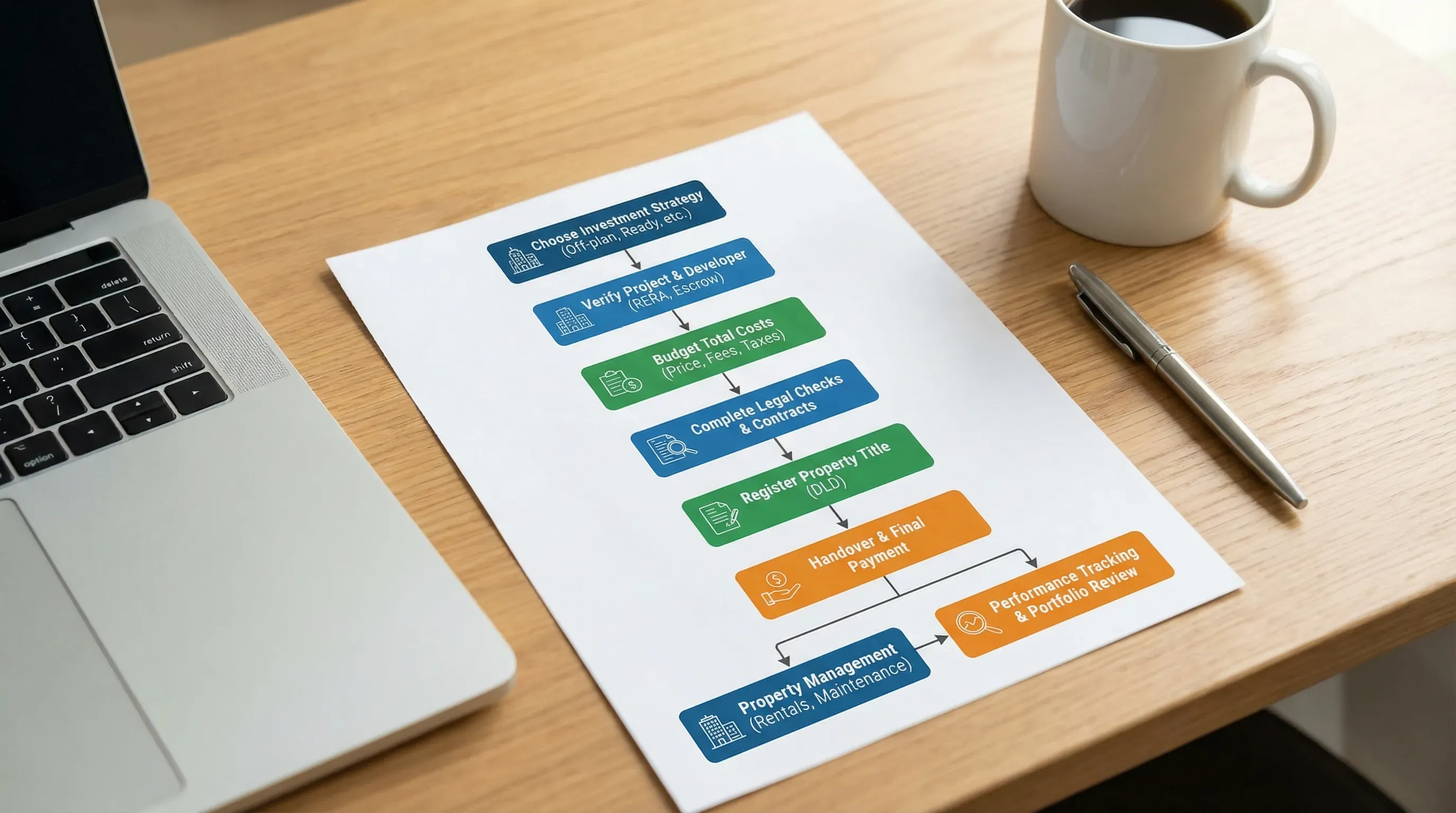 A simple flowchart showing the UAE property investment setup for international buyers: choose strategy, verify project and developer, budget costs, complete legal checks, register, handover, then property management and performance tracking.